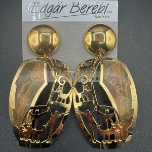 Vtg Edgar Berebi Tribal Safari Animal Print Gold Tone Clip-On 3” Dangle Earrings